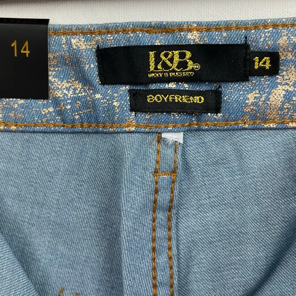 L&B Lucky & Blessed Boyfriend Jeans Gold Leaf Panel Light Wash Women's Size 14 - Picture 7 of 9